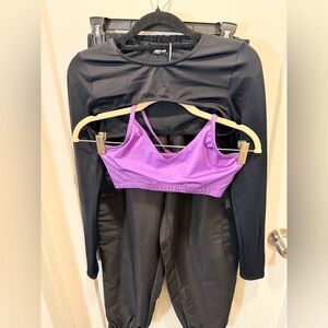 3 piece Black Activewear Set/Hip Hop Costume with Purple Sports Bra